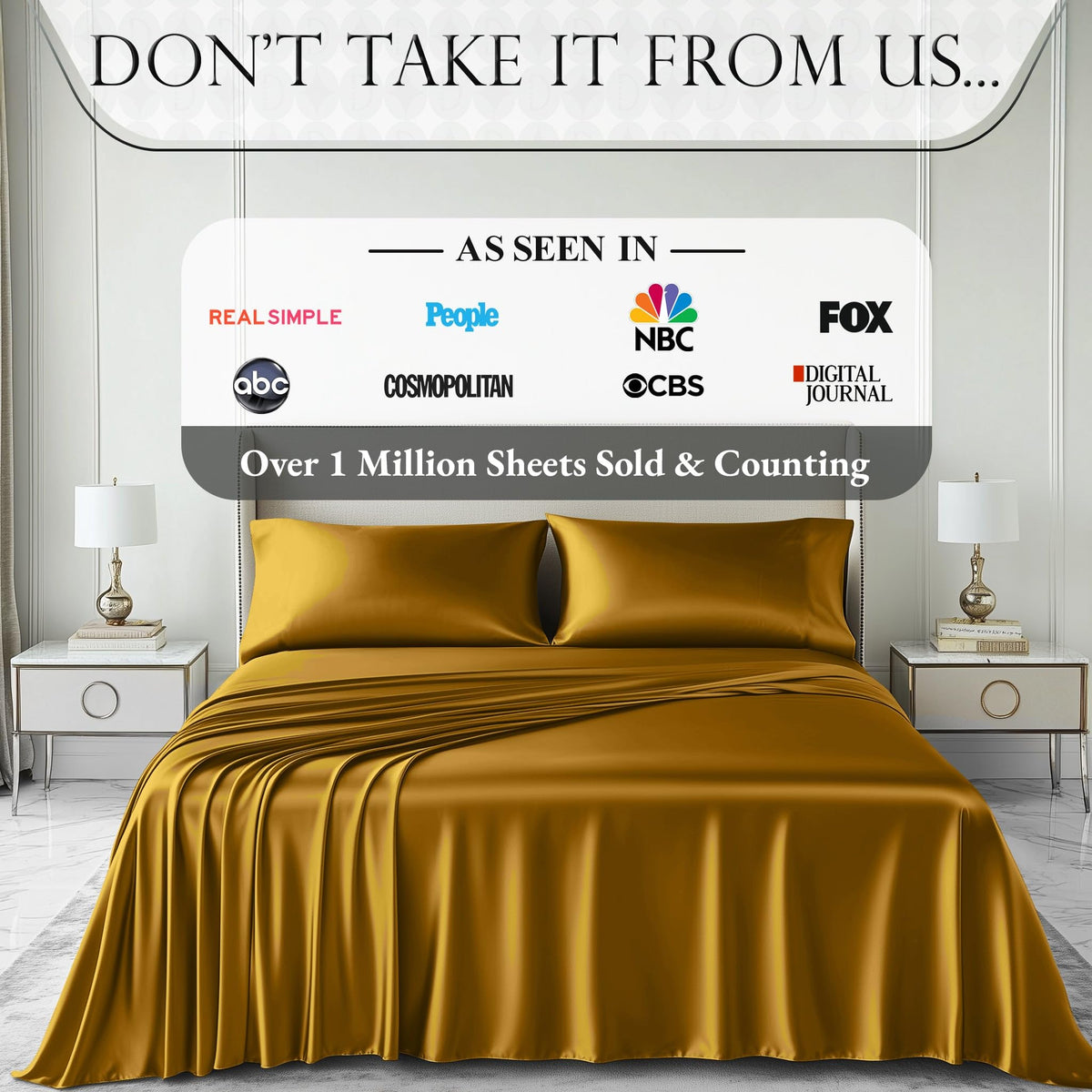 DECOLURE Satin Bed Sheets - 4 Piece Luxury Silky Queen Size Bedding Set - Softer Than Silk, Wrinkle-Free with 15” Deep Pocket Fitted Sheet, Perfect for Hair & Skin, Gifts for Women (Gold)