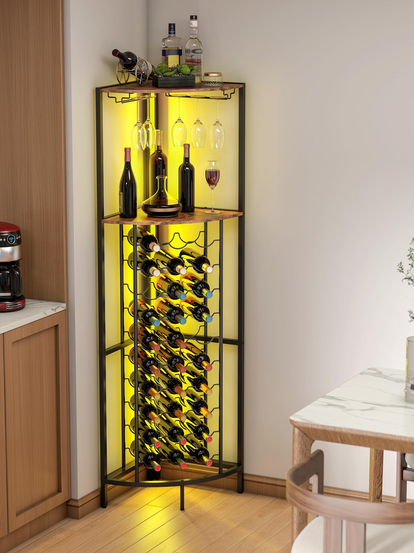 Qriocioa Corner Wine Rack with Led Strip Light Freestanding Floor with Wine Glass Holder 30 Bottle Wine Holder Rack Industrial Corner Liquor Cabinet Bar for Home Bar Kitchen Living Room (Rustic Brown)