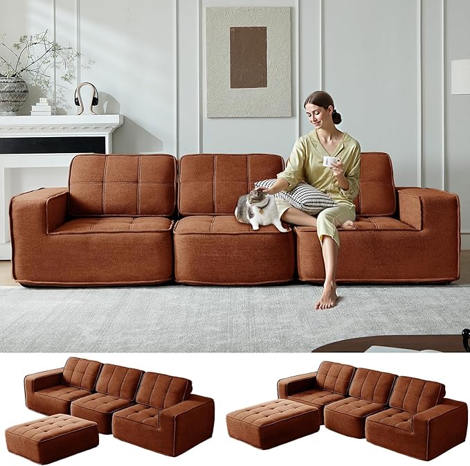 108" Boneless sectional Couch for Living Room,Convertible L-Shape Fleece Couches with Ottoman, Cloud Modular Sofa with Deep Seat for Bedroom, No Assembly, Orange