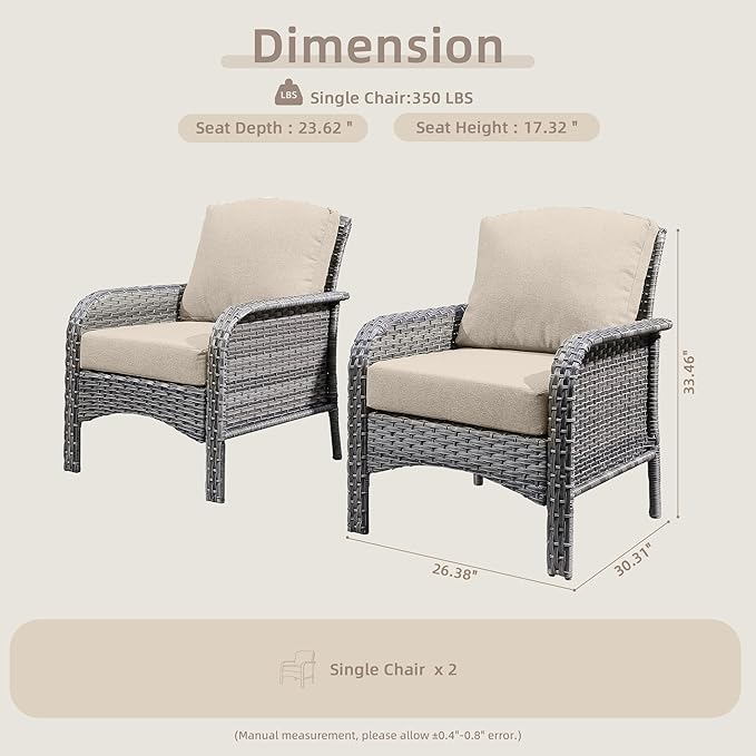 CAODOC 2 Pack Wicker Patio Furniture Chairs,Outdoor Rattan Chairs with Armrest Support 250 lb,Beige