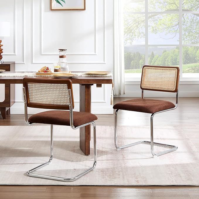Zesthouse Rattan Dining Chairs Set of 2, Mid Century Modern Dining Room Chairs with Natural Cane Mesh & Chrome Base, Brown Cesca Chair for Kitchen, Breuer Design Inspired, Upholstered Chenille Fabric