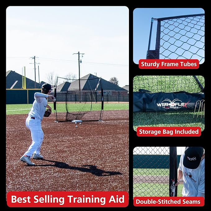 Web Flex® Spider Series 7’x7’ Sock Net, Adjustable Batting Tee & Strike Zone Trainer Bundle, Portable Baseball & Softball Training Set for Hitting, Pitching, & Fielding | Durable, Easy Setup
