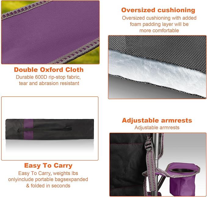 LANMOUNTAIN 2 Pack Padded Oversized Camping Chairs for Adults,Heavy Duty Support 400 Lbs,Folding Portable Lawn Chair w/Cup Holder,Cooler Bag,Side Pocket,Perfect for Outdoor Picnic,Hiking(Purple&Black)
