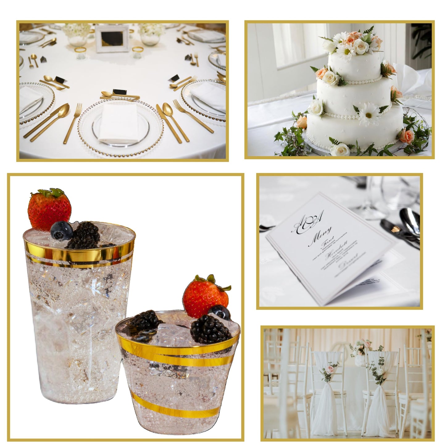 Perfect Settings 110 Gold Swirl Clear Plastic Cups 9 Ounce - Holiday Wedding Party Elegant Trimmed Disposable Cups - Fancy Wedding Cups