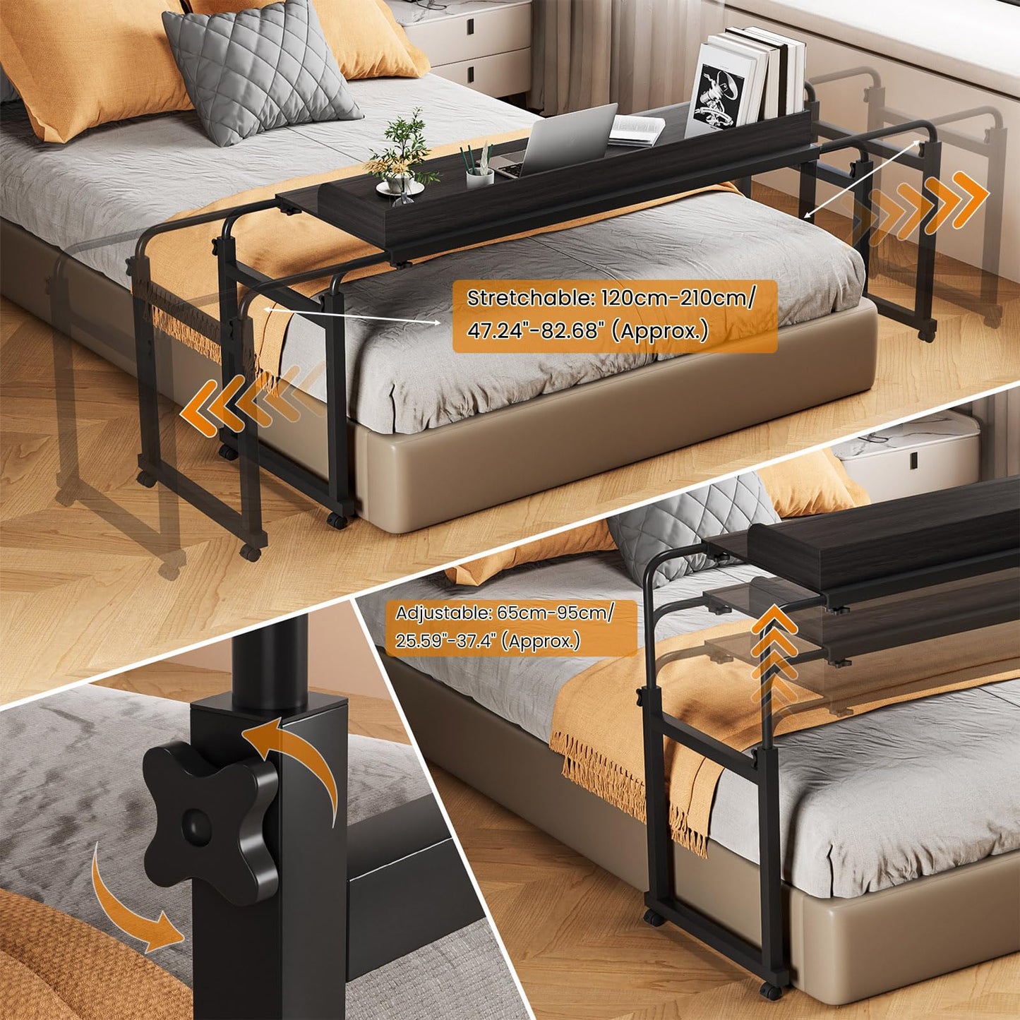 Smalibal Overbed Table with Wheels, Modern Style, Over Bed Desk with Various Height Adjustable and Raised Baffle for Home Office Bedroom Hospital Workstation, 20KG Weight Capacity Matte Black