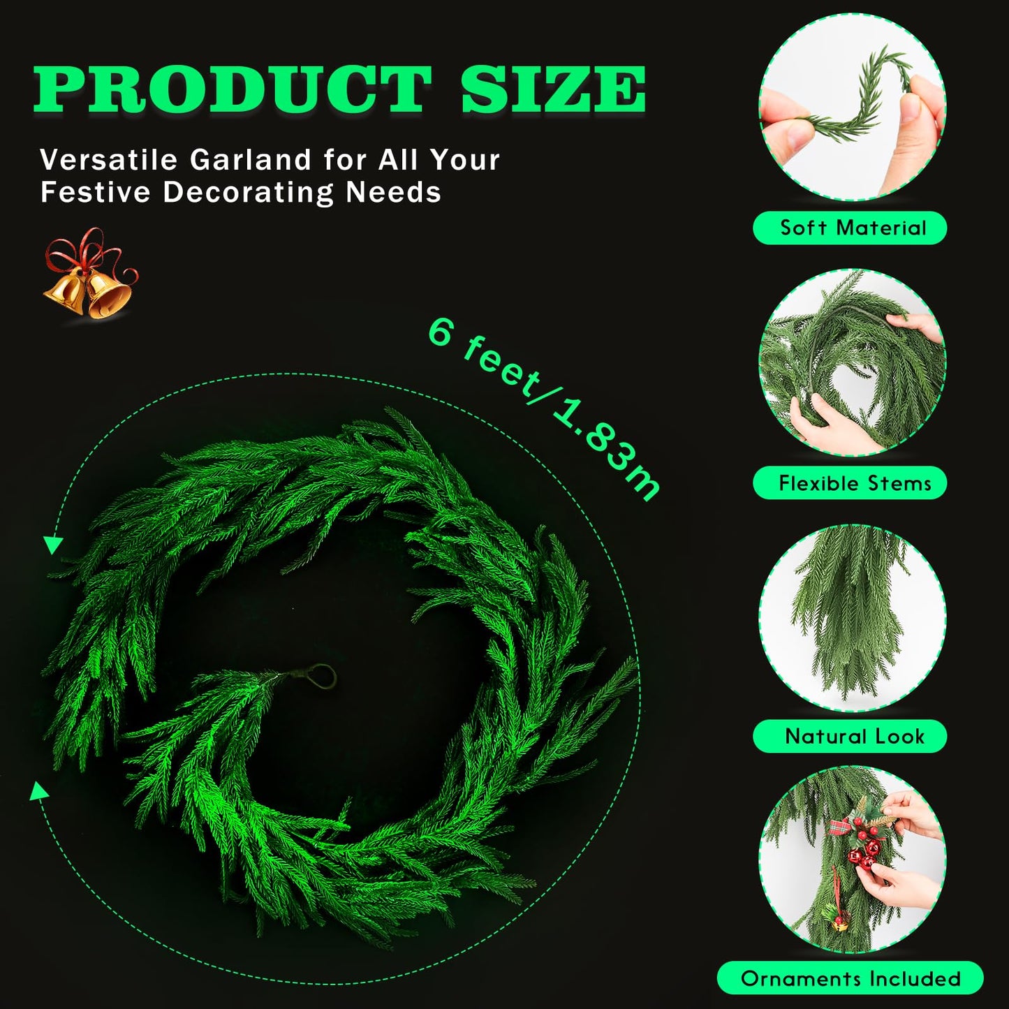 Christmas Garland Glow in The Dark,Artificial Luminous Green Norfolk Pine Garlands,Real Touch Winter Greenery Garland for Christmas Tree Decor Outdoor Garden Table Fireplace Wall Home Decoration