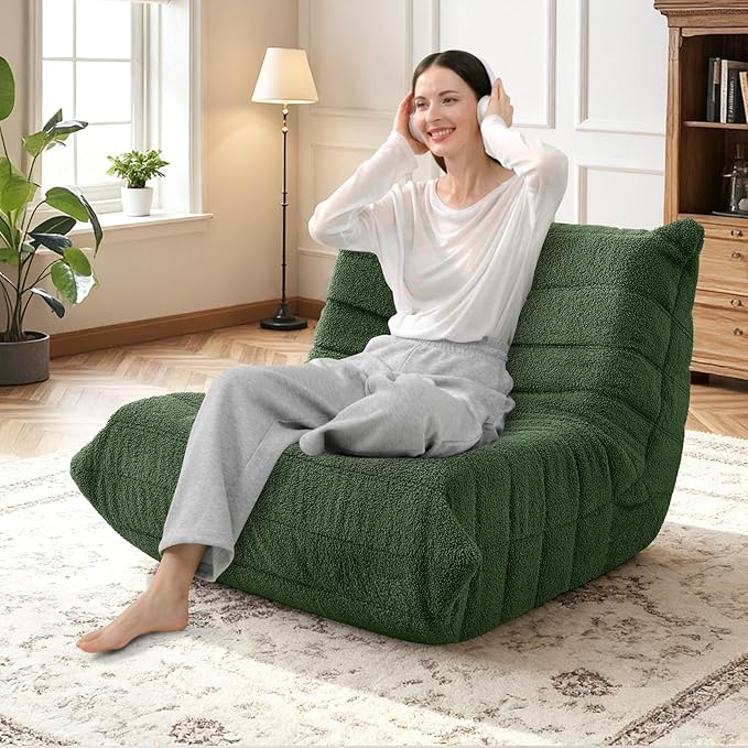 HABUTWAY Bean Bag Chairs Fireside Lazy Floor Sofa, Soft Teddy Fleece Bean Bag Sofa with High-Resilience Foam Filling，Beanbag for Living Room, Bedroom, Office (Green Teddy)
