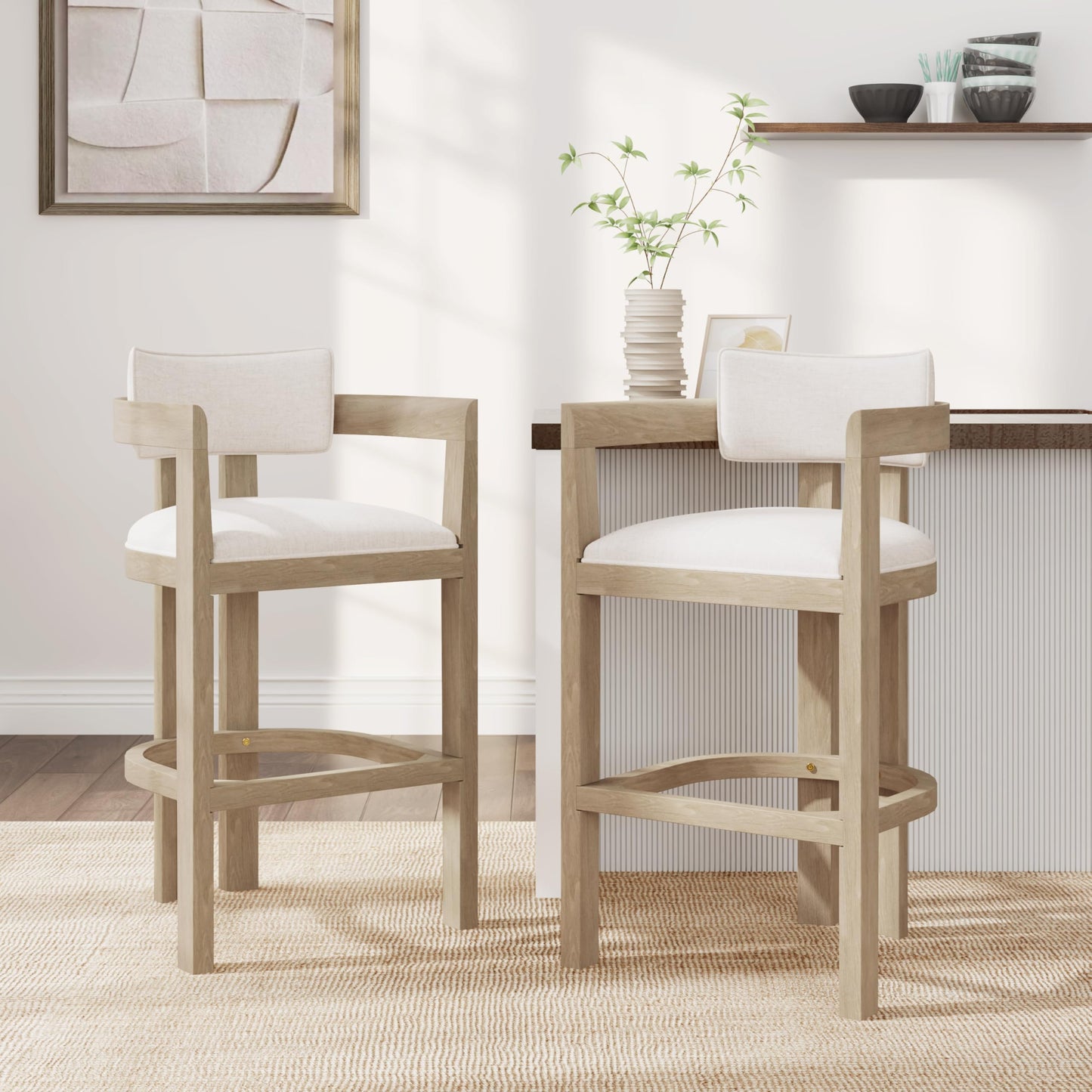 Christopher Knight Home Falcon Bar Stools Set of 2, Fabric Round Backrest Counter Height Barstool for Kitchen Island, Wooden Dining Room Chair, Bar Table Counter Stool with Footrest, Light Ash+Beige