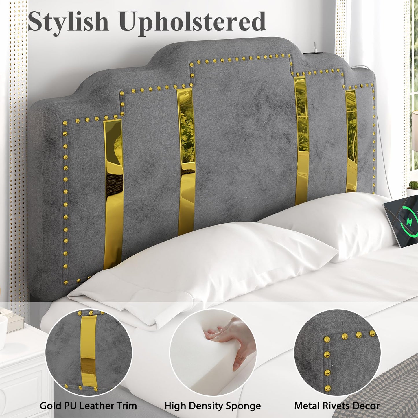 Full Size Bed Frame with Headboard, Velvet Upholstered Platform Bed Frame with Charging Station, Nailhead Trim & Shiny Decor, Solid Wood Slats Support, No Box Spring Needed, Easy Assembly, Grey