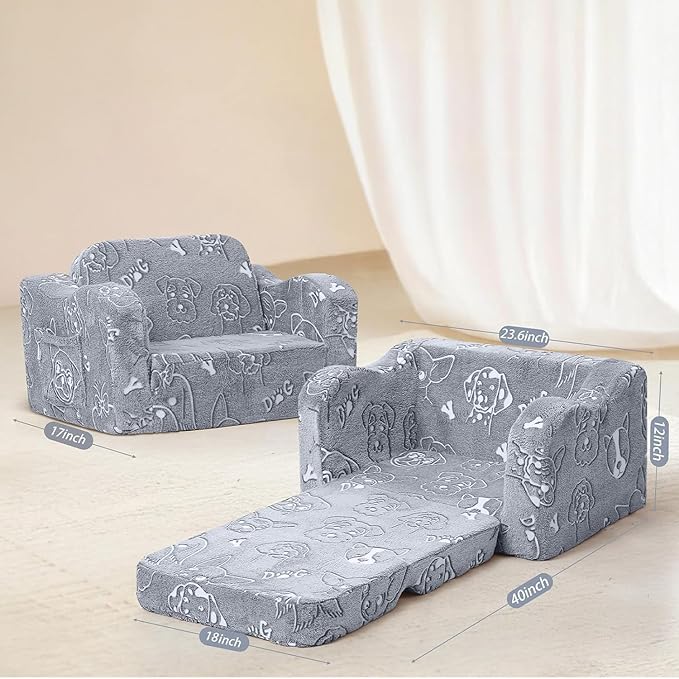 MeMoreCool Glow-in-The-Dark Toddler Sofa Bed – 2-in-1 Convertible Chair & Nap Lounger, Dog Print, Lightweight, Washable for Kids Room | Plush Foam Comfort | Portable Playroom Couch