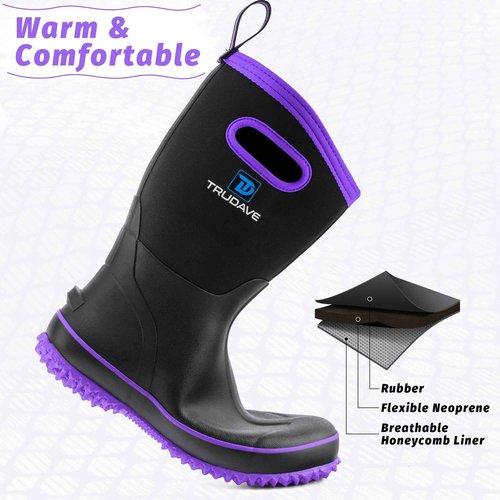 Trudave Rubber Boots for Women, Mid Calf Rain Boots, Womens Waterproof Boots, Neoprene Insulated Outdoor Work Mud Boots for Hunting Farming Gardening Fishing, Purple, Size 9