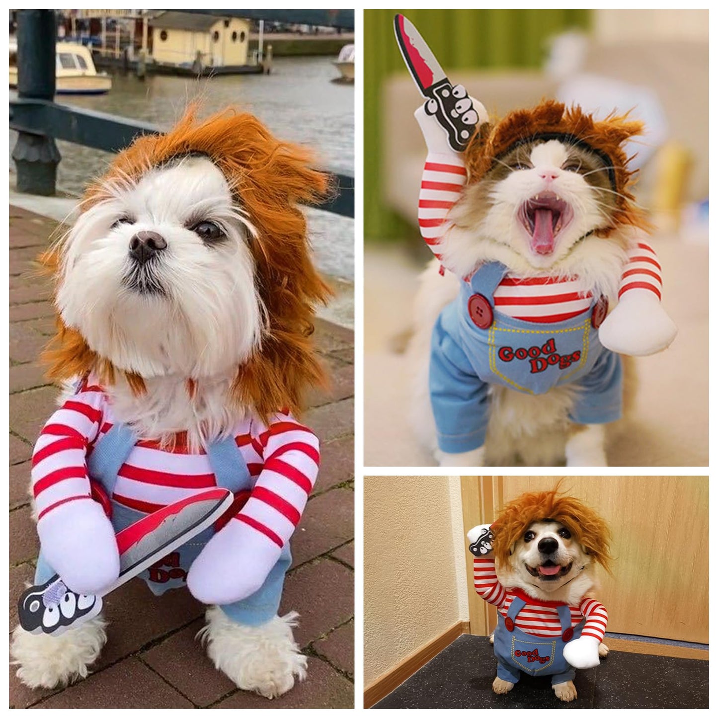 Dog Halloween Costume,Funny Chucky Dog Costume with Pet Wig,Cosplay Scary Outfit with Knife Clothes for Dogs (Small)