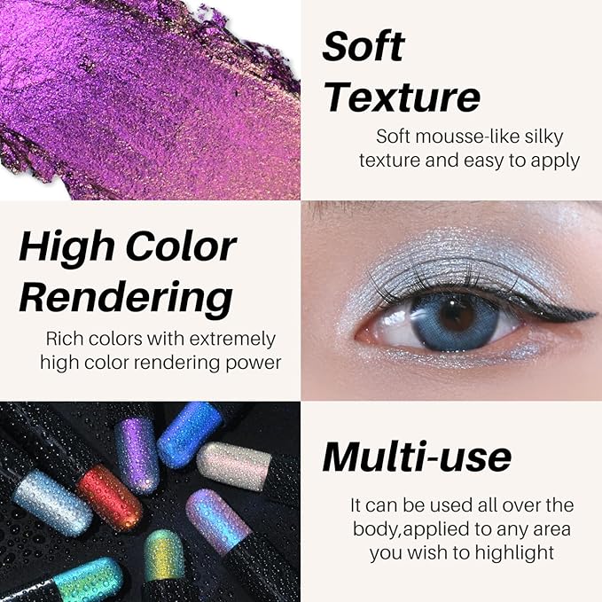 CHARMACY Duochrome Glitter Eyeshadow Stick, Chameleon Metallic Shimmer Smoky Eye Shadow, Long-Lasting Water-Resistant Formula, High Pigmented, Built-in Smudger #08