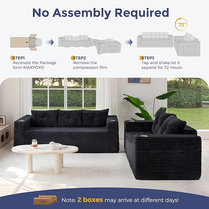 MAXYOYO Boneless Couch and Loveseat Sets for Small Spaces, Mini Love Seat Floor Couch with Cup Holders and Pillows, Upholstered Cloud Couch for Bedroom Apartment, No Assembly Required