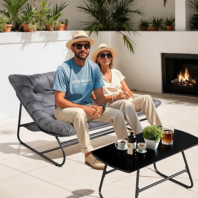 NOBLEMOOD 2 Pieces Patio Loveseat Set with Coffee Table, Outdoor Indoor Cushioned Love Seat, Metal Frame Oversized 2 Seater Chair for Porch, Garden, Living Room, Balcony