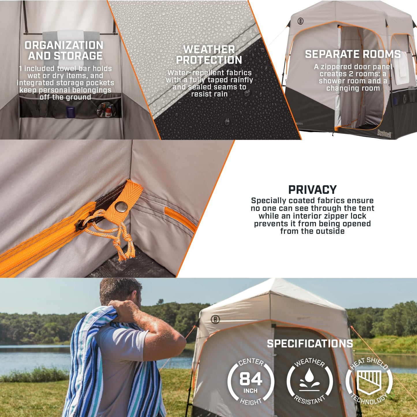 Bushnell Shower Tent with Instant Setup Technology | Shield Series 2 Room Shower Tent for Family Camping, Hunting, Hiking | Solar Water Reservoir Included