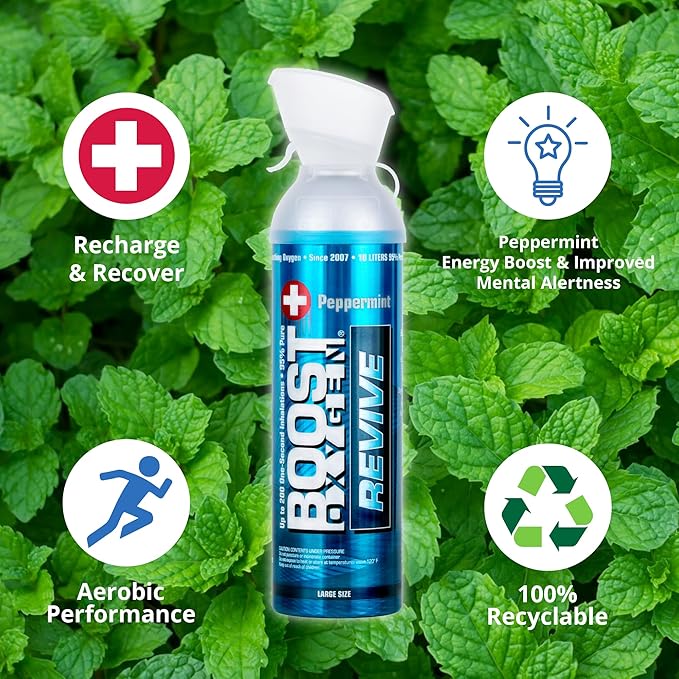 Boost Oxygen Large Revive Peppermint Aroma 10 Liter Canister | All-Natural Resiratory Support for Aerobic Recovery, Altitude, Performance and Health (4 Pack)
