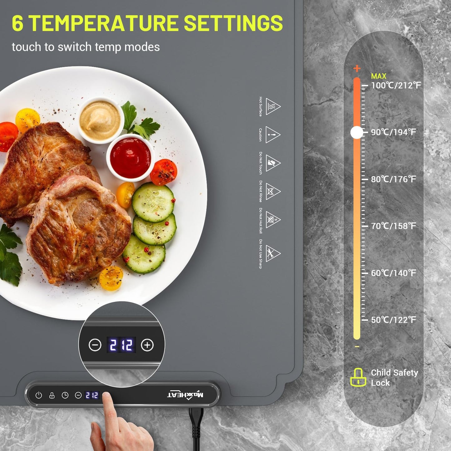 Food Warming Mat, Fast Heating Electric Warming Tray with 6 Level Temperature and 4 Hours Auto-Off, Nano Silicone Material, Full-Surface Heat, Food warmer mat for Buffet, Home Party, Dinner