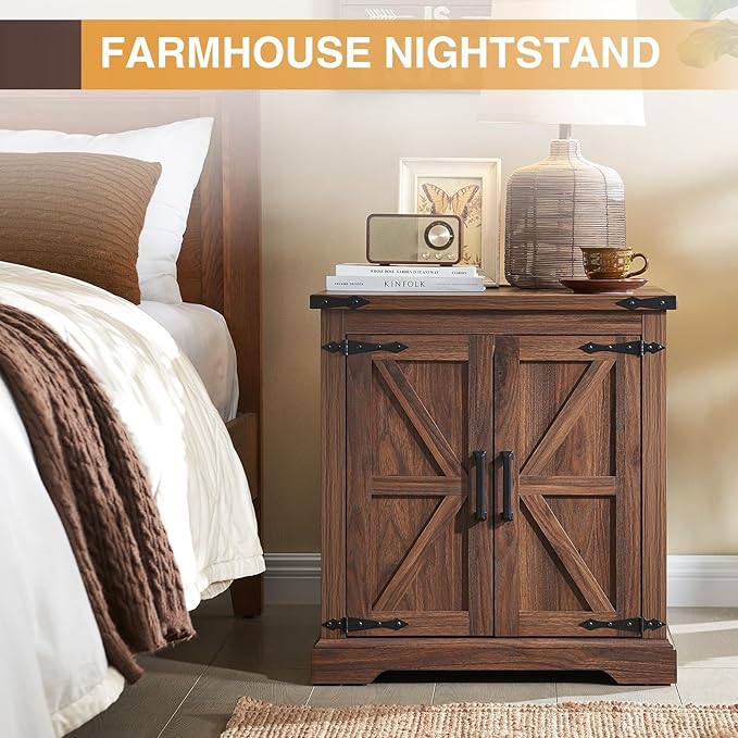 Barnyatoh Farmhouse End Table with Charging Station,24" Large Sofa Side Table with Barn Door, Rustic Wood Square Nightstand Bedside Table with Adjustable Storage Shelf for Living Room, Bedroom,Walnut