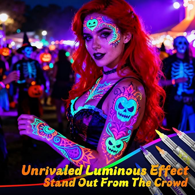 UV Neon Face Paint Markers 12 Colors, Glow in the Dark Body Paint under Black Light, Washable Temporary Tattoo Markers for Christmas Gifts Stocking Stuffers Glow Party Favors Halloween Makeup