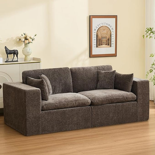 88''Cloud Boneless Sectional Couch, Modular Sectional Sofa Deep Seat, Upholstered Convertible Comfy Loveseat Chenille Memory Foam Sofa Couches for Living Room, Brown