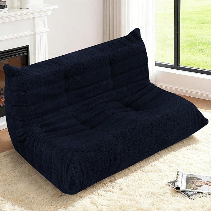 HABUTWAY Bean Bag Chairs Fireside Lazy Floor Sofa, Soft Teddy Fleece 2 Seater Sofa with High-Resilience Foam Filling，Beanbag for Living Room, Bedroom, Office (Navy Blue Teddy)