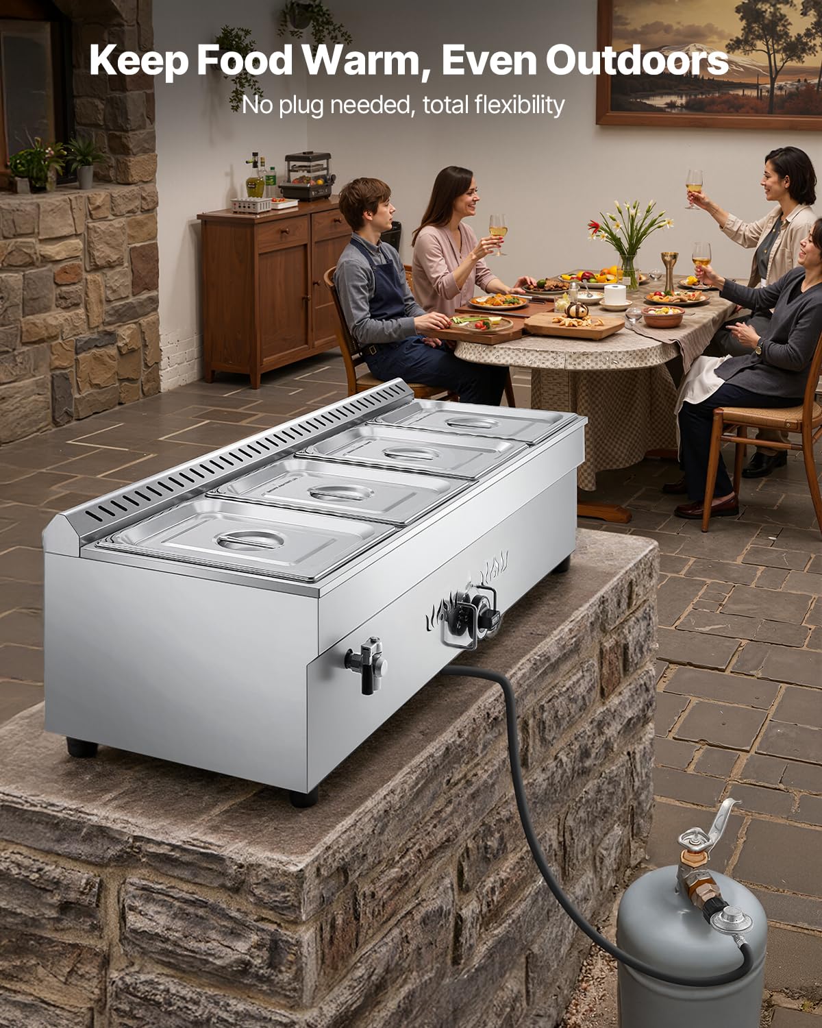 VEVOR 4-Pan Commercial Propane Steam Table, LP Gas Outdoor Soup Warmer with Drain Valve, Stainless Steel Propane Food Warmer with Adjustable Temperature, for Restaurant Party Outdoor Camping