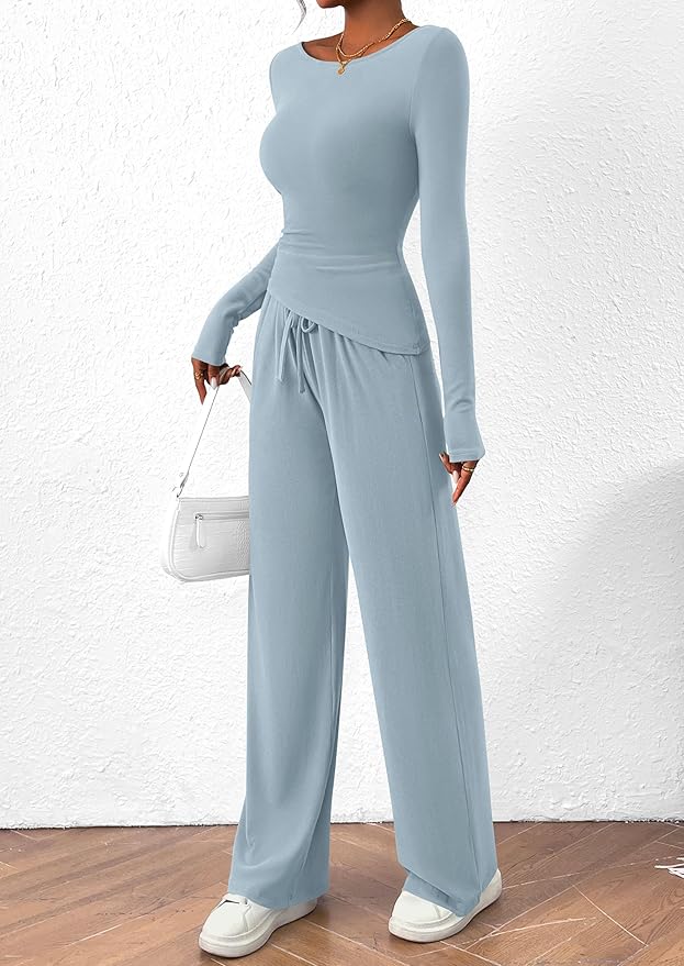 PRETTYGARDEN Women's 2 Piece Lounge Sets Asymmetrical Long Sleeve T Shirt Wide Leg Pants Casual Outfits Tracksuit