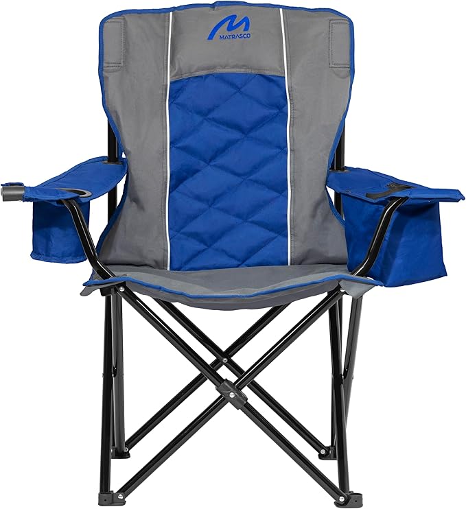 Matrasco Oversized Padded Camping Chair, Heavy-Duty Steel Frame for 450 lbs Supports, Convenient 6-Can Cooler, Portable Carry Bag, Perfect for Outdoor, Beach, and Hiking (Gray & Sapphire Blue)