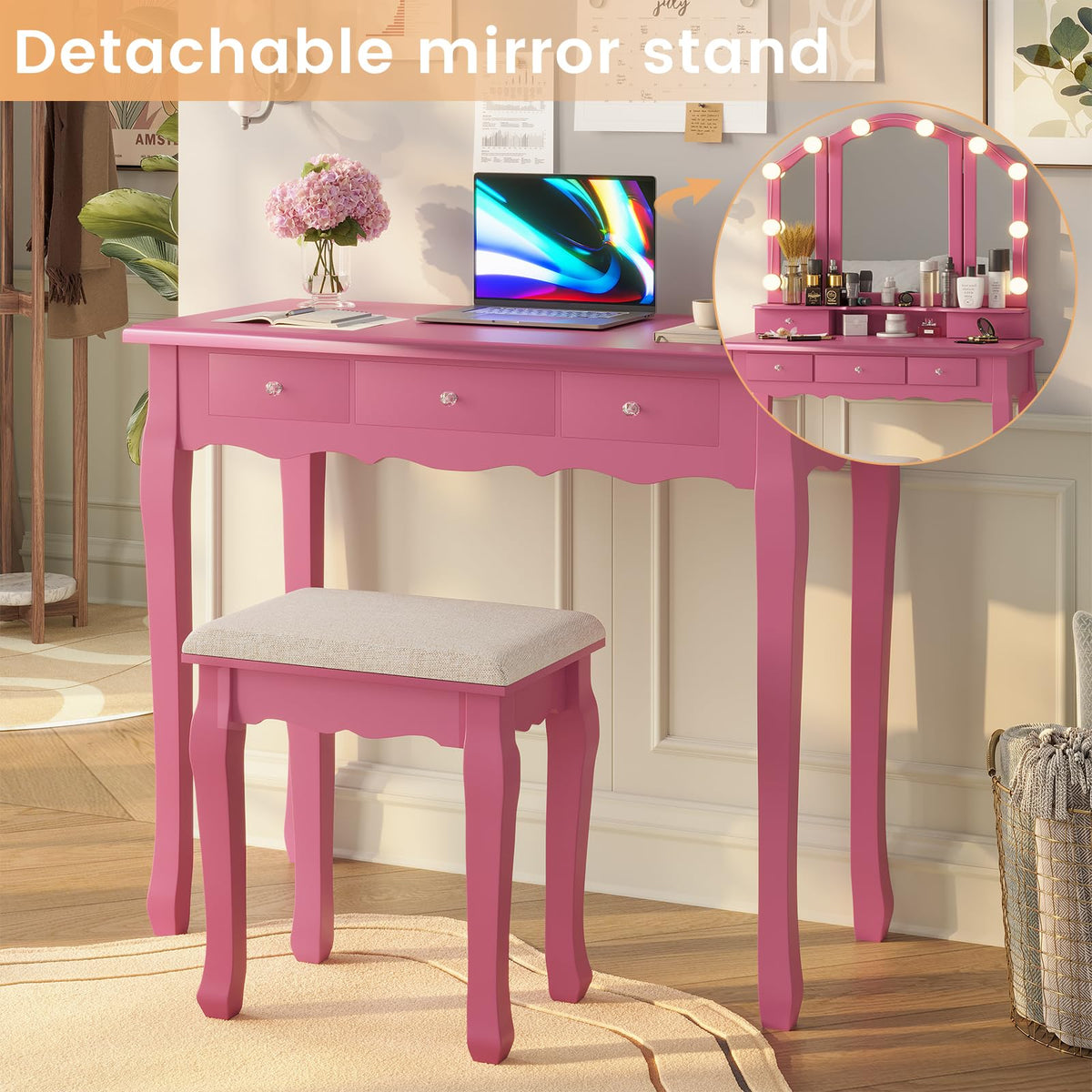 Tiptiper Pink Vanity with Tri-Fold Mirror, 10 Hollywood Lights & Stool, Girls Makeup Vanity Table with 5 Drawers & Jewelry Hooks, 3 Light Settings & Adjustable Brightness, Pink