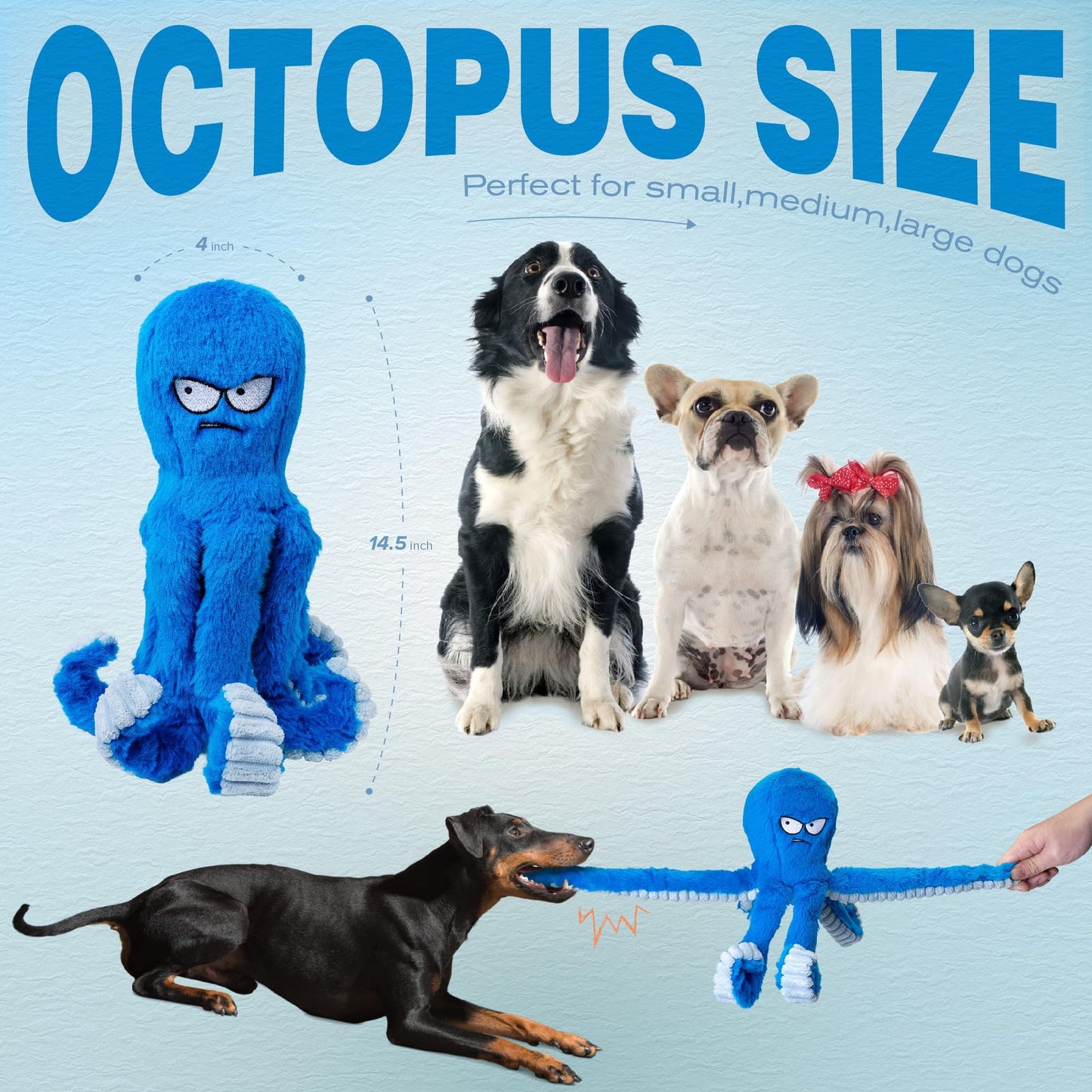 LEGEND SANDY Tough Dog Toys, Stuffed Chew Large Dog Toys to Keep Them Busy, Interactive Squeaky Tug of War Doggie Toy, Crinkle Blue Octopus