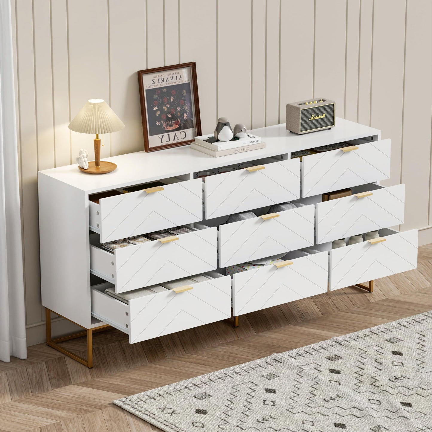 Scurrty 59" Large Chest of Drawers, Storage Cabinet 9 Drawer Dresser,White Dressers with Storage,Dressers for Living Room, Bedroom