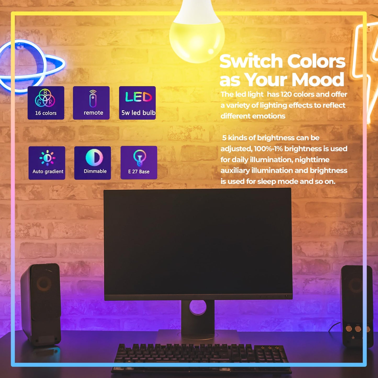 Droiee Dimmable E26 Warm LED Light Bulb, 6W RGBW Color 500LM with 16 Color Changing Modes for Christmas, Party etc with Remote Control 2 Pack