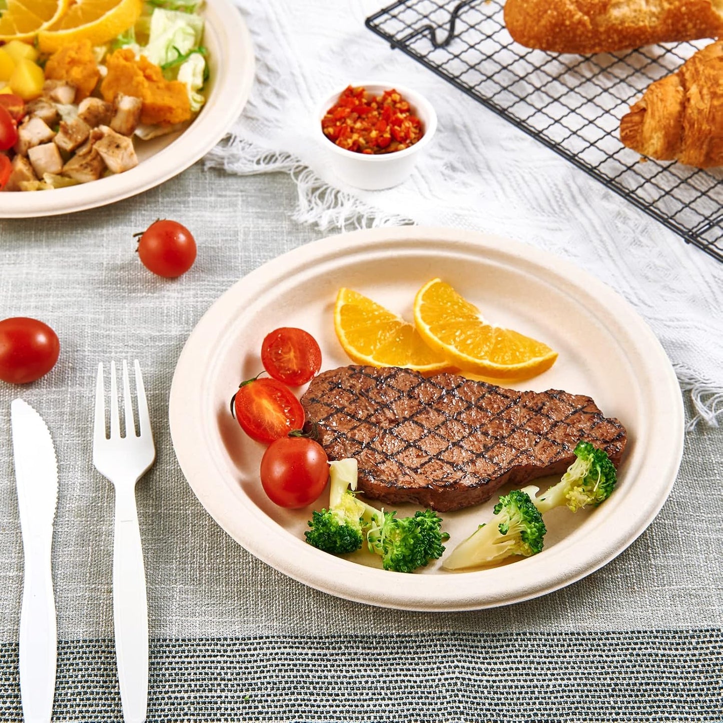Vplus 500 Pack Paper Plates 9 inch 100% Compostable, Heavy-Duty Disposable Paper Plates Bagasse Natural Biodegradable Eco-Friendly Sugarcane（Nature）