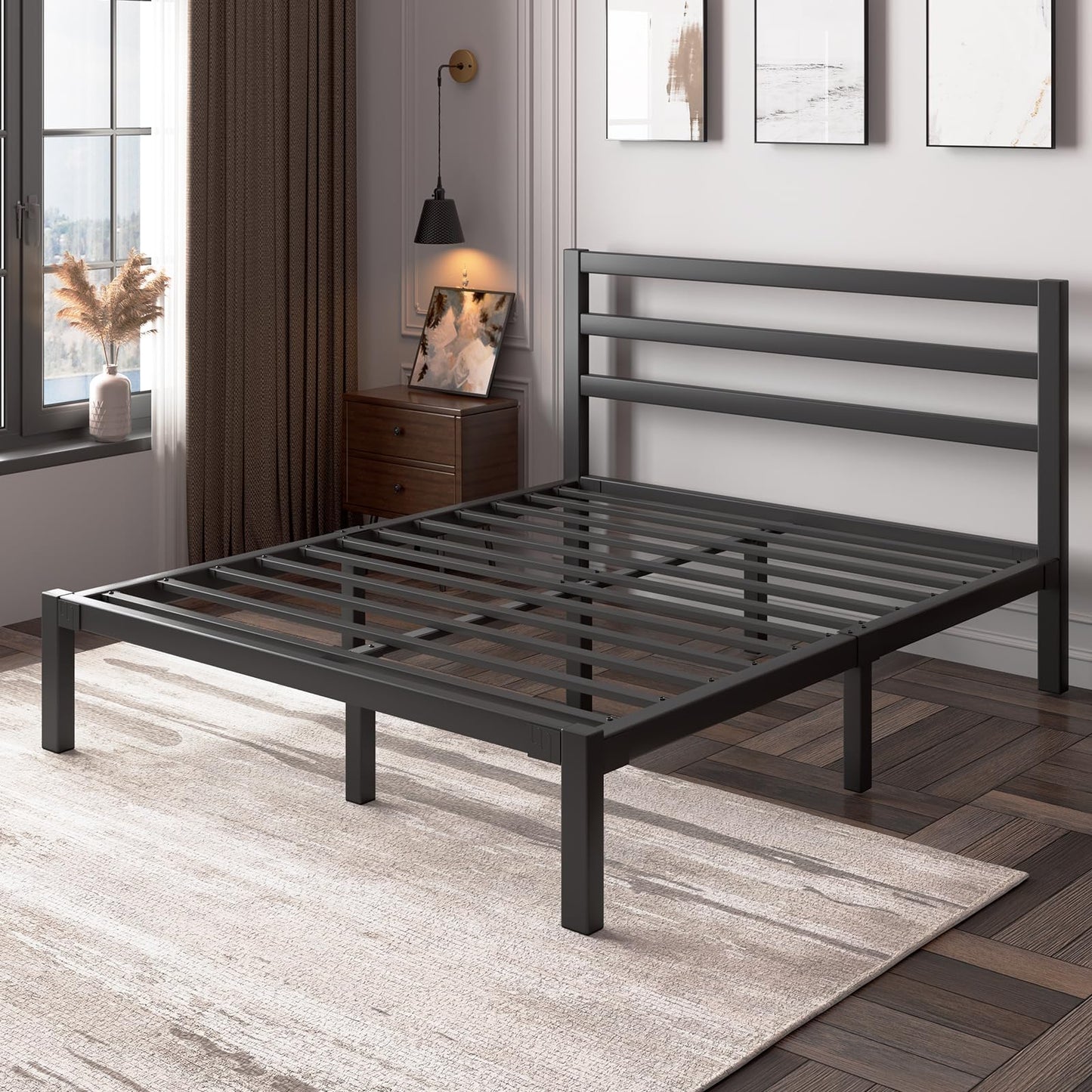 LoVinson Queen Size Bed Frame, Heavy Duty Platform Bed Frame with Strong Metal Foundation,Under Bed Storage,Mattress Foundation,No Box Spring Required,Easy Assembly, Black