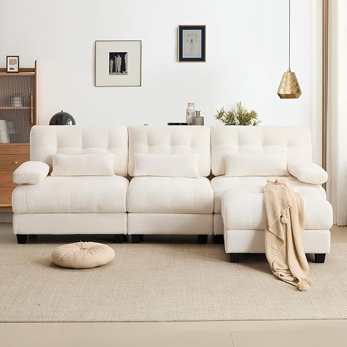 GRAINLLE 93'' Modular Sectional Cloud Couch with 1 Ottoman,Deep Seat Sleeper Sofa L Shaped Sectional Couch,Convertible Upholstered Comfy Chenille Sectional Sofa for Living Room,Bedroom(Ivory)