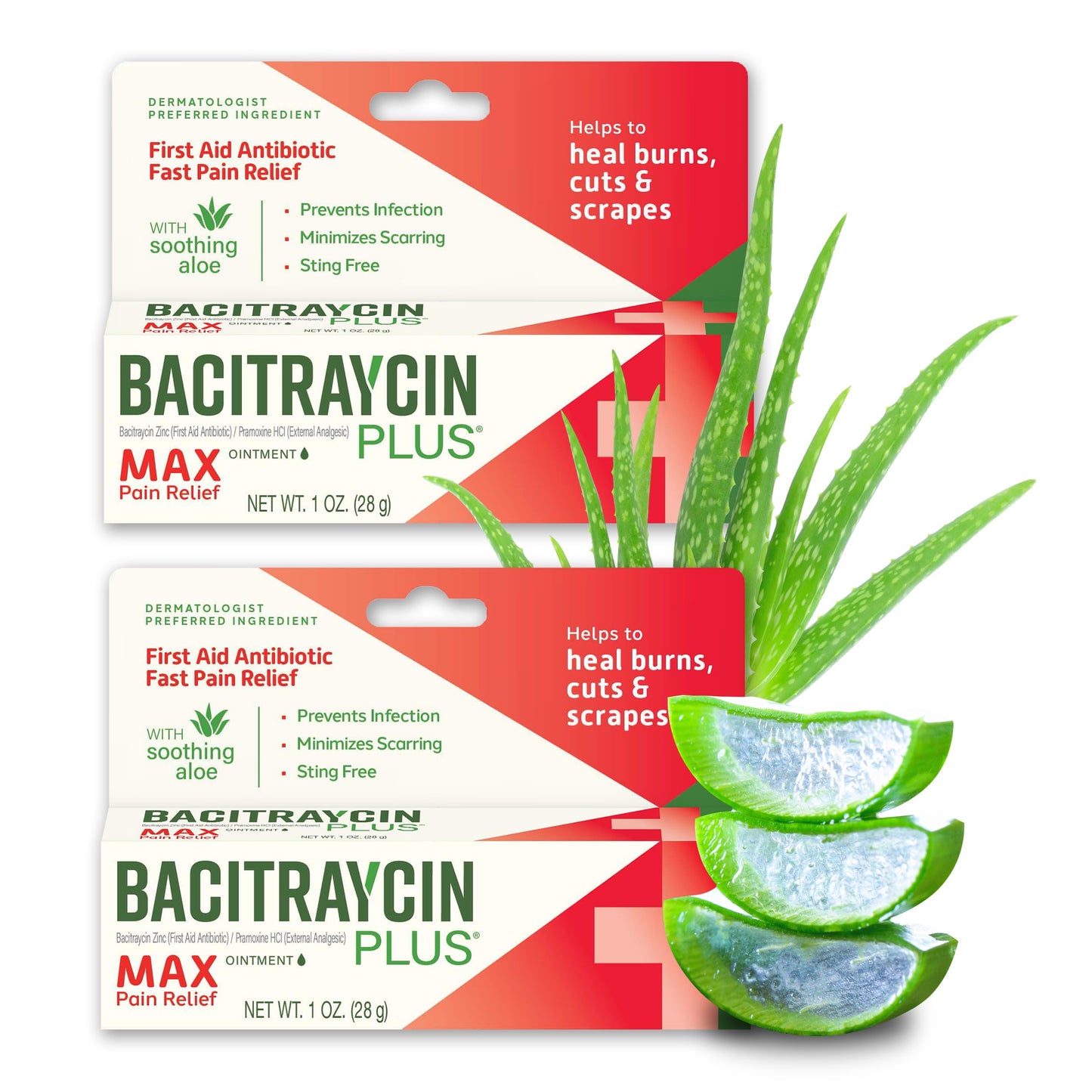 Bacitraycin Plus Max Strength First Aid Antibiotic Wound Healing + Pain and Itch Relief Ointment for Minor Cuts, Scrapes and Burns, with Bacitracin Zinc and Moisturizing Aloe Vera, 1 oz, 2 Pack