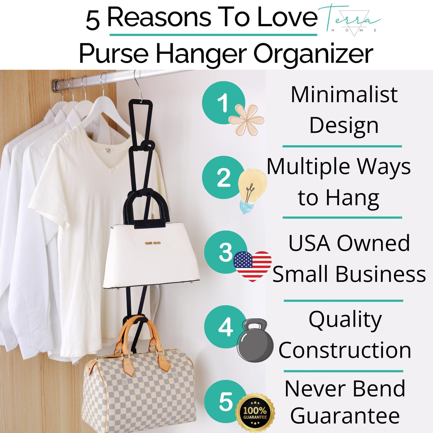 TERRA HOME Purse Hanger Closet Organizer Improved Design Bag Chain Hooks for Wall - Compact, Efficient Storage Solution for Bags, Purses, More as Over The Door, in Your Closett or Wall Mount