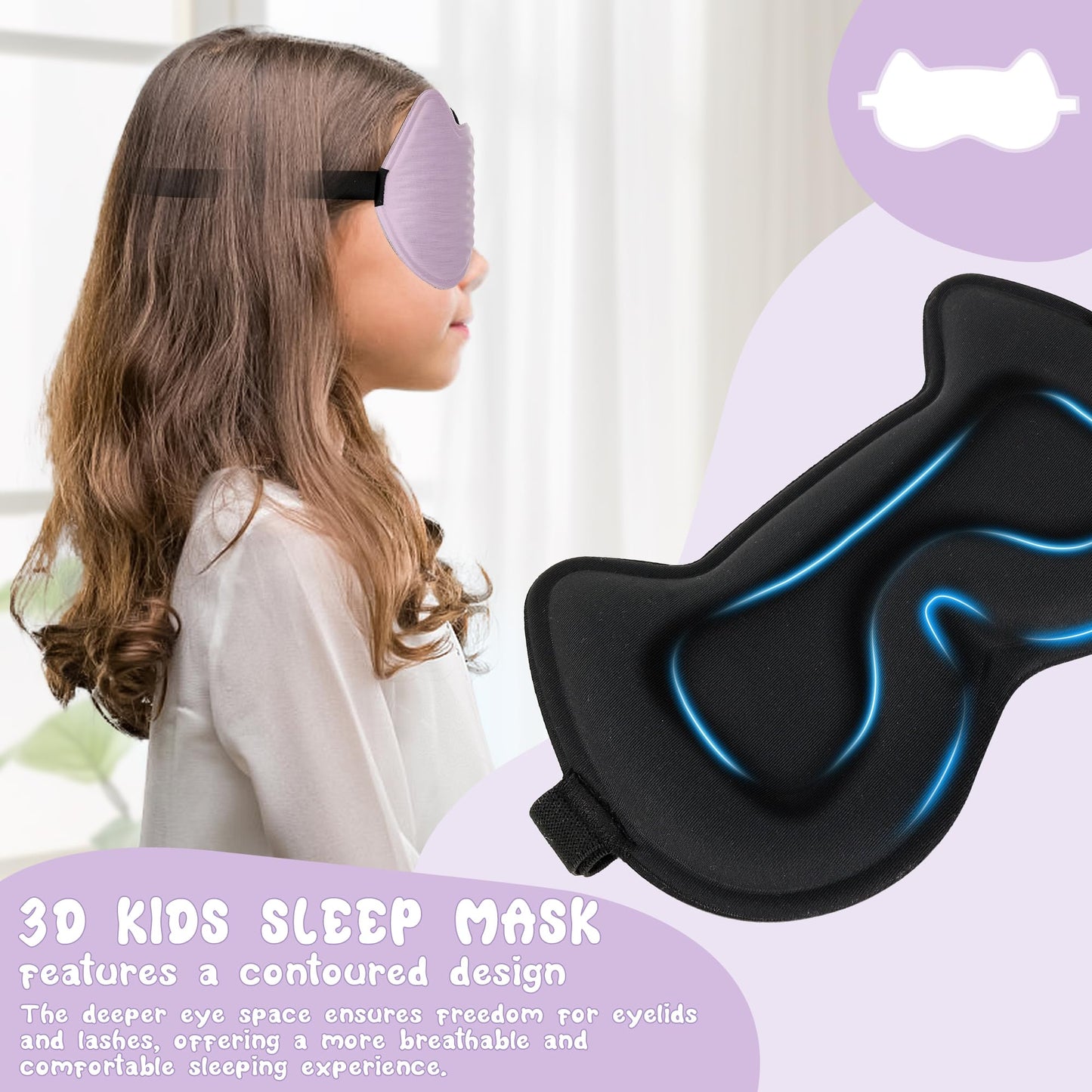 Kids Sleep Mask Eye Mask: 3D Contoured Cup Sleeping Masks, Blindfold with Adjustable Strap, Kids Eye Cover for Boys, Girls, Teens, Pressure-Free with Memory Foam Face Mask for Sleeping (Purple)