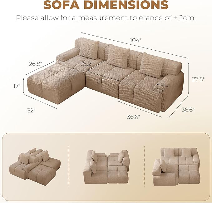 104" Modern L Shaped Modular Sectional Sofa, 4 Seater Convertible Chenille Cloud Couch Sofa Set, Boneless Couches for Living Room with Ottoman, No Assembly Required, Brown