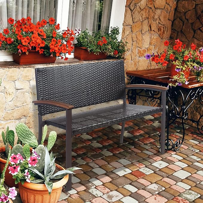 Tangkula Outdoor Stackable Bench, All-Weather PE Wicker Loveseat with Acacia Wood Armrests, 2-Person Heavy Duty Metal Frame Patio Bench, for Garden, Front Porch, Courtyard