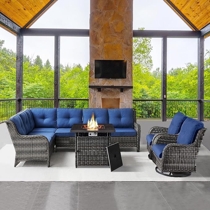 Belord Outdoor Sectional Sofa Furniture Set with Propane Fire Pit Table, Wicker Patio Conversation Set with 2 Swivel Glider Rocker Chairs Blue Cushion Perfect for Backyard Casual Gathering