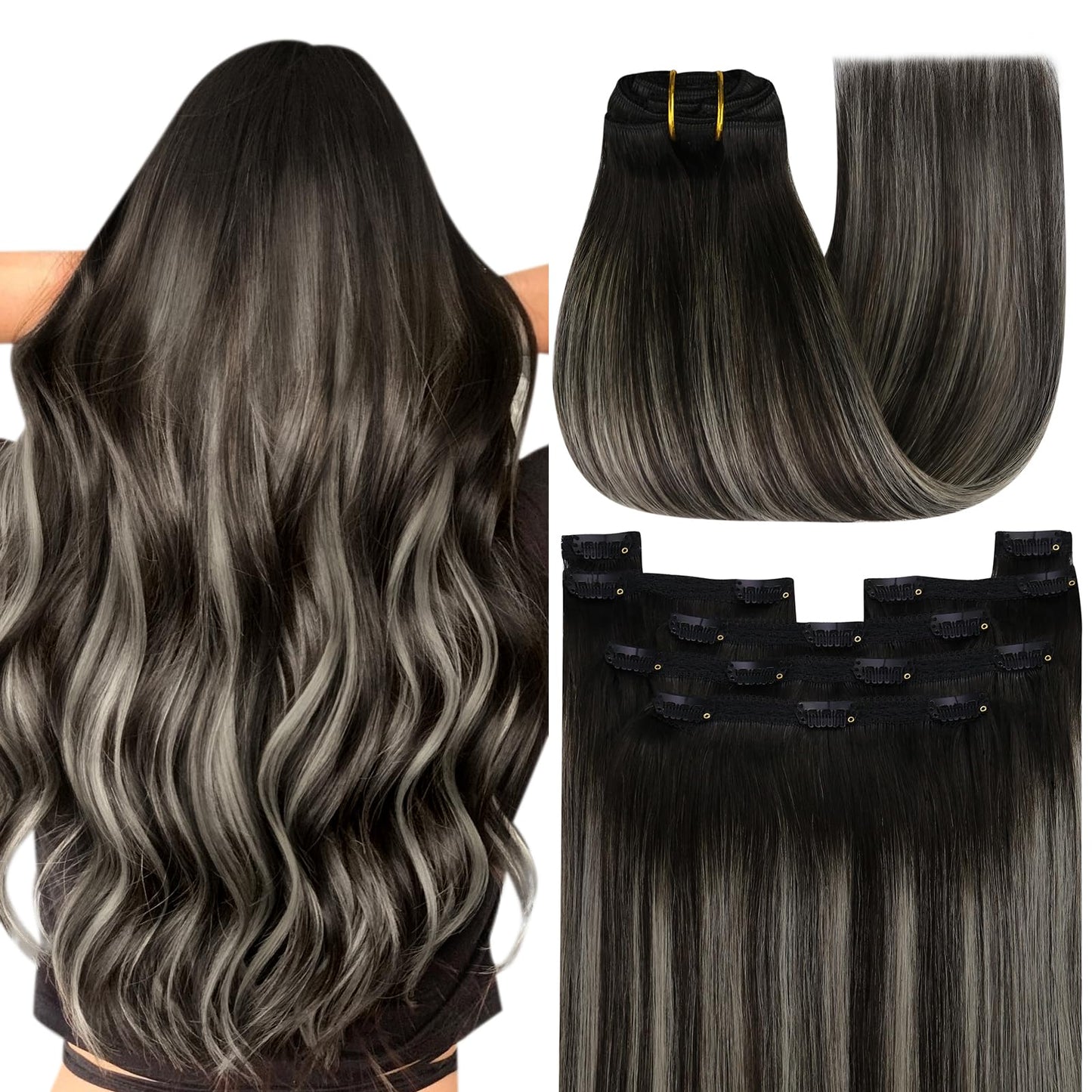 YoungSee 150G Clip in Extensions Ombre Clip in Hair Extensions Real Human Hair Black and Silver with Black Roots Clip in Extensi