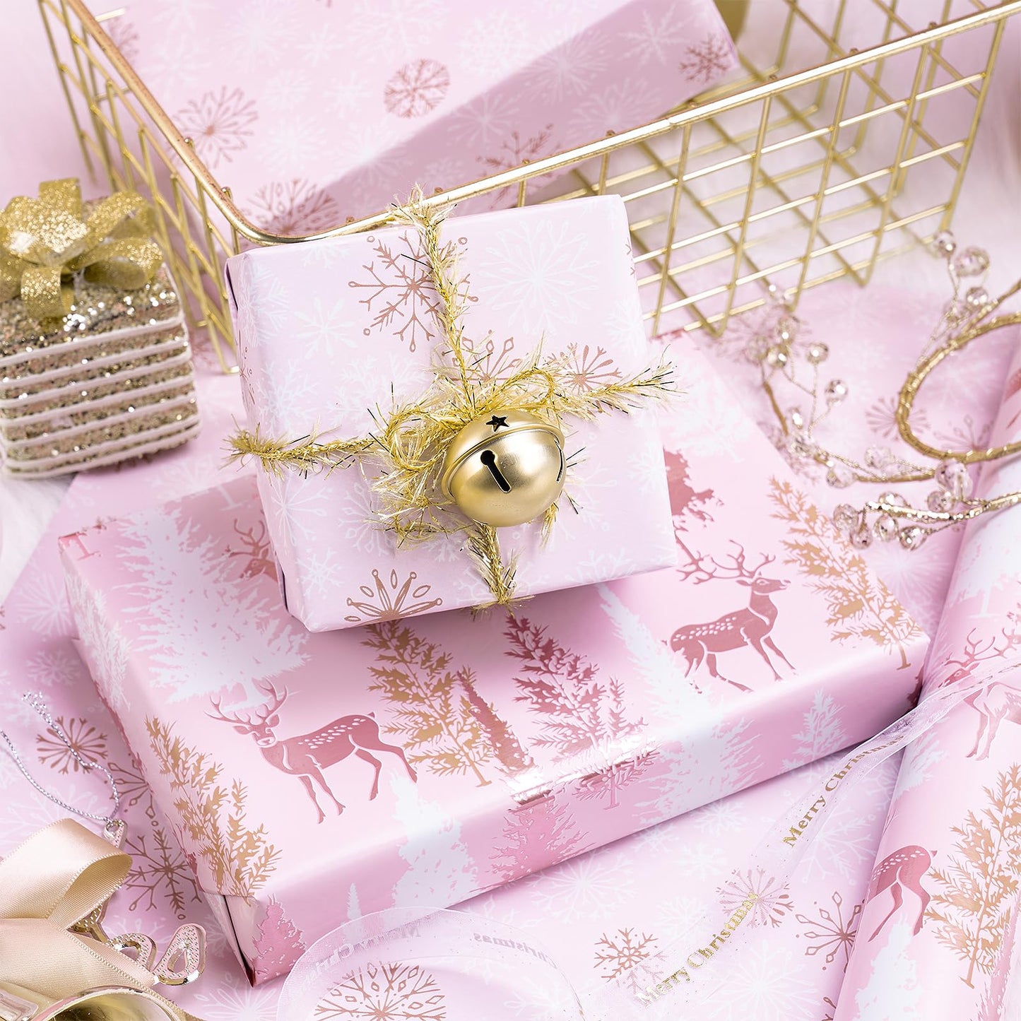 RUSPEPA 30" X 32.8' Reversible Christmas Wrapping Paper Large Paper Roll, Jumbo Roll, Rose Gold Foil Pink Reindeer and Tree Design, Snowflakes Gift Wrap for Girls, Women, Friends, Xmas Holiday Gifts