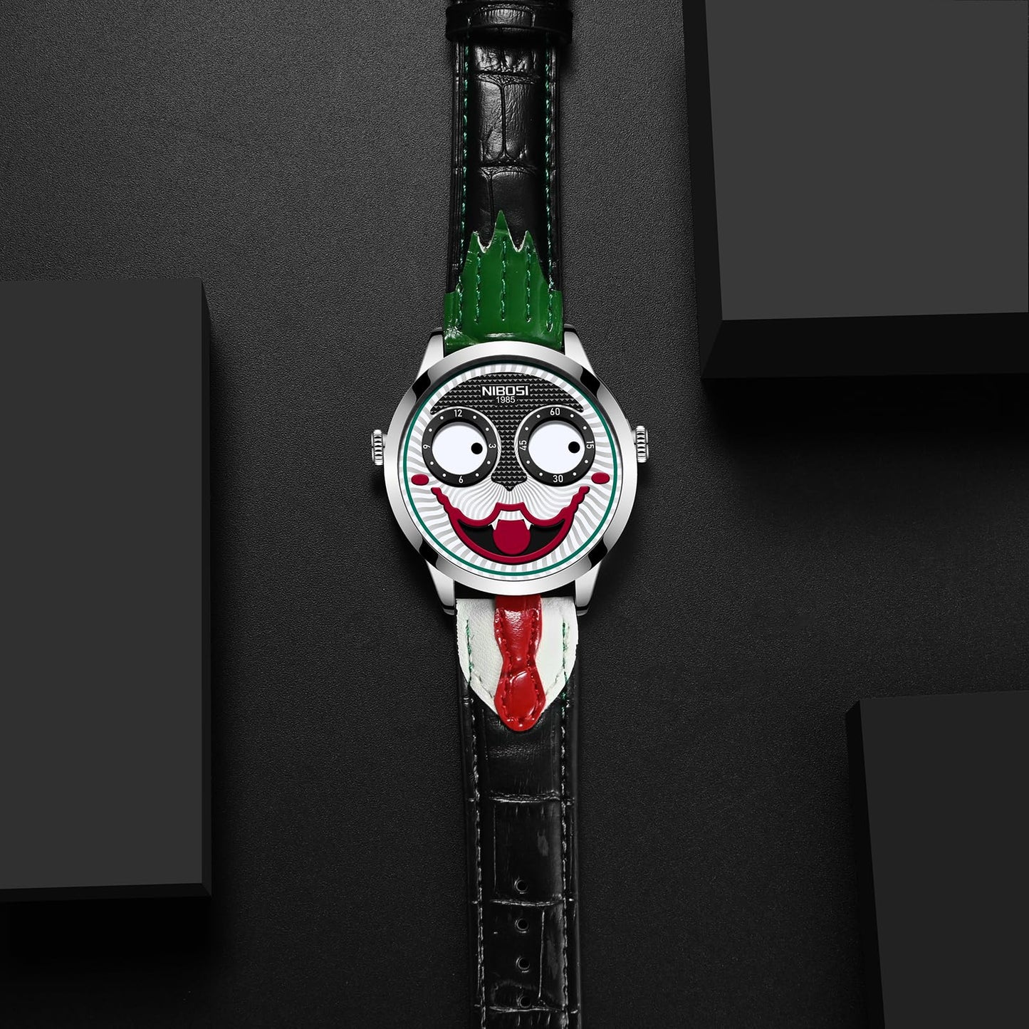 NIBOSI Watches for Men Analog Quartz Clown Dial Unique Weird Fashion Cool Wrist Watch Waterproof Green Leather Strap Men's Watches