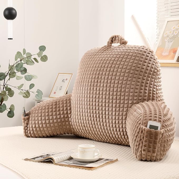 PAJEO Reading Pillow for Sitting in Bed, Large Backrest Reading Pillow with Arm Rest,Back-Rest Support Cushion for Sit Up on Couch, Sofa, and Floor, Dorm Essentials (Khaki Flannel, Large(19"))