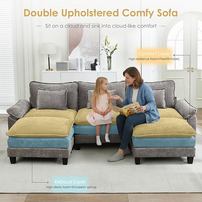 URRED Cloud Couch Modular Sectional Sofa, 122" Modern U Shaped Deep Seat Sofa with 2 Ottomans & Pillows, Ultra Comfy Chenille Couches for Living Room, Bedroom or Apartment, Light Gray