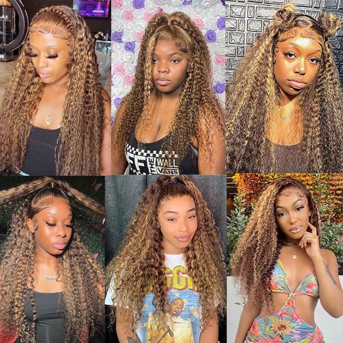 Highlight Lace Front Wig Human Hair 13x6 Deep Wave Wig Brazilian Ombre Honey Blonde Color Wig Human Hair Pre Plucked with Baby Hair Wet and Wavy Deep Curly Wigs for Black Women 180% Density (24 Inch)