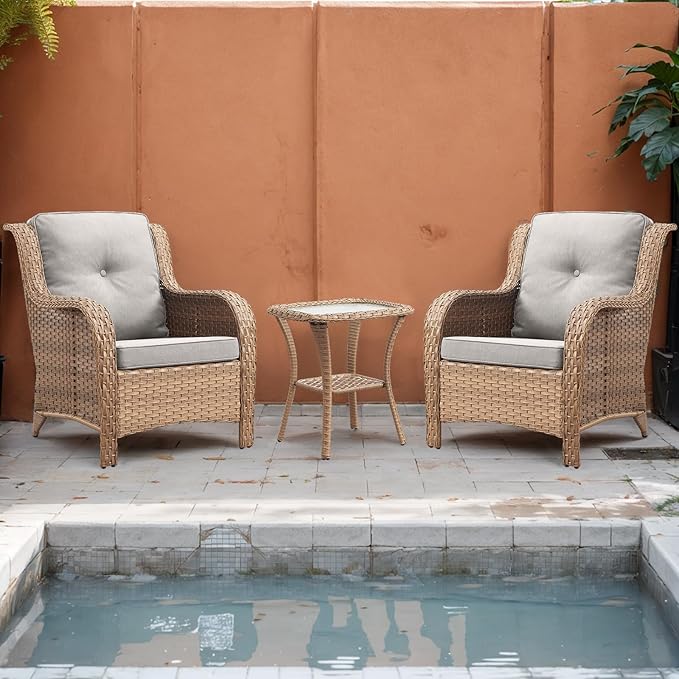 Rilyson Patio Bistro Set Outdoor Chairs - 3 Piece Wicker Rattan Patio Furniture Set with 2 Armrest Chair and 1 Side Table for Proch Deck Garden Backyard Balcony(Yellow/Beige)