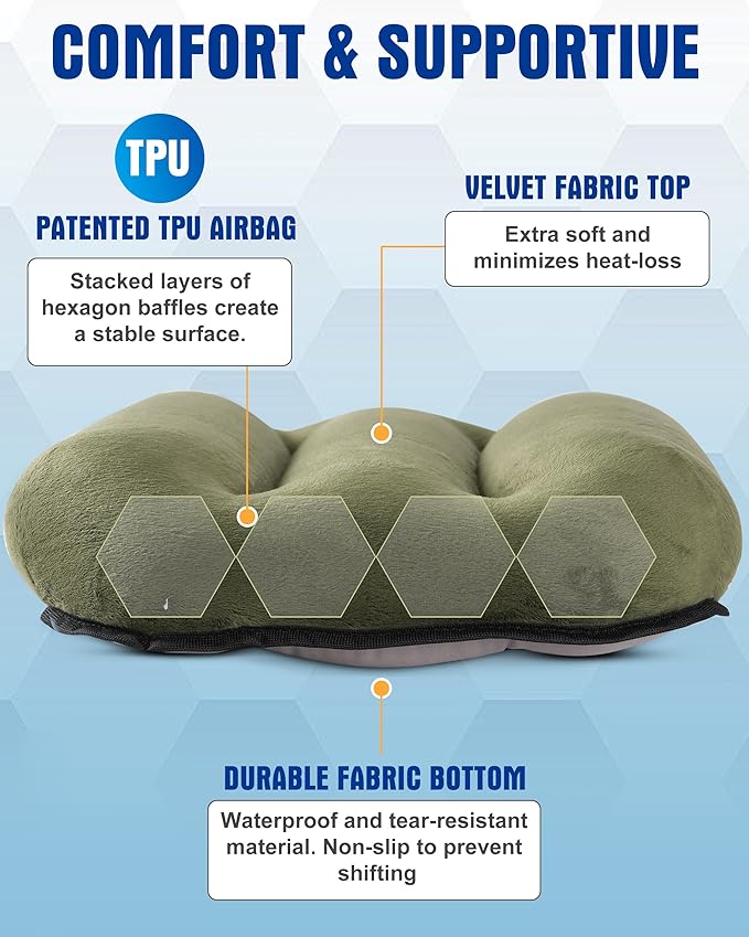 Kampair Ultralight Inflatable Camping Pillow for Sleeping – Soft Velvet Cover, Compact & Portable, Ergonomic Neck Support, Machine Washable Air Pillow, Perfect for Travel, Hiking, Backpacking – Green